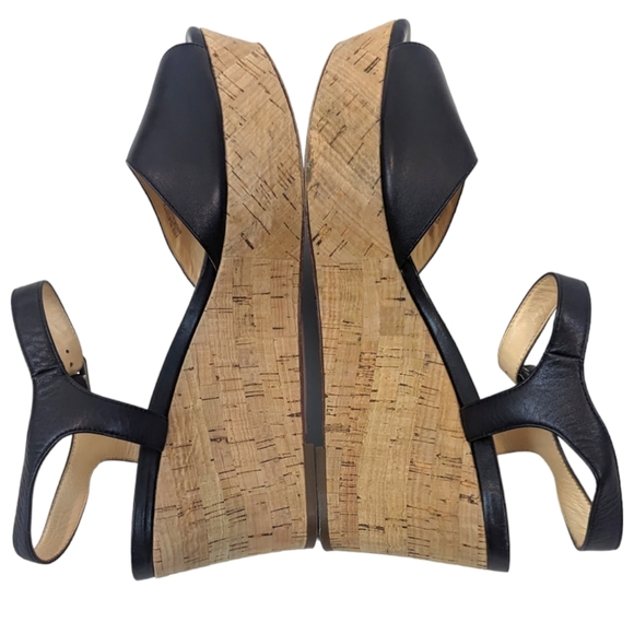 Cole Haan Gillian Mid Wedge Leather Sandals 10 Black Cork Platform Ankle Strap - Picture 6 of 14